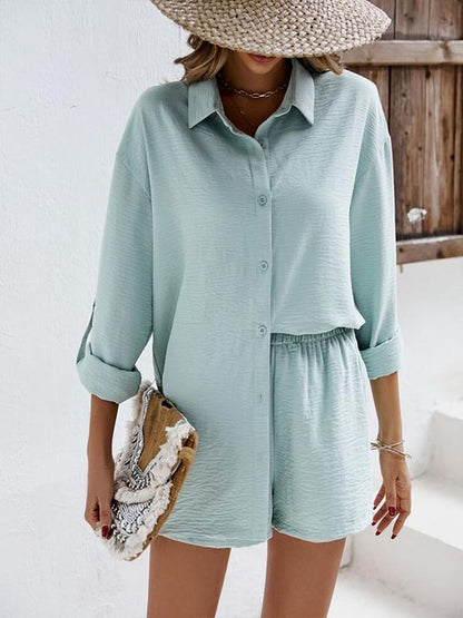 Casual Long-Sleeve Lapel Shirt and High-Waist Shorts Set – Paola
