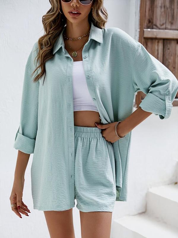 Casual Long-Sleeve Lapel Shirt and High-Waist Shorts Set – Paola – Baby Blue