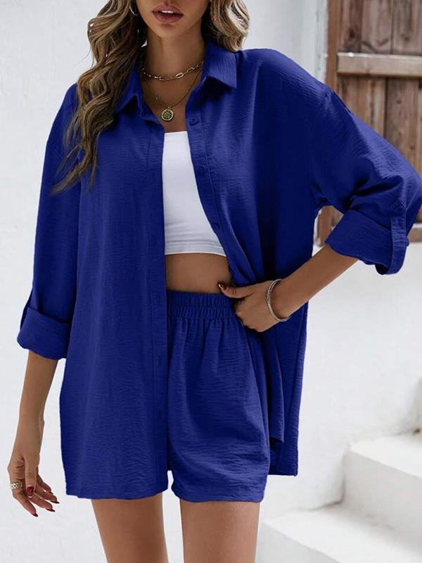 Casual Long-Sleeve Lapel Shirt and High-Waist Shorts Set – Paola – Blue