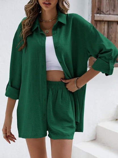 Casual Long-Sleeve Lapel Shirt and High-Waist Shorts Set – Paola – Green
