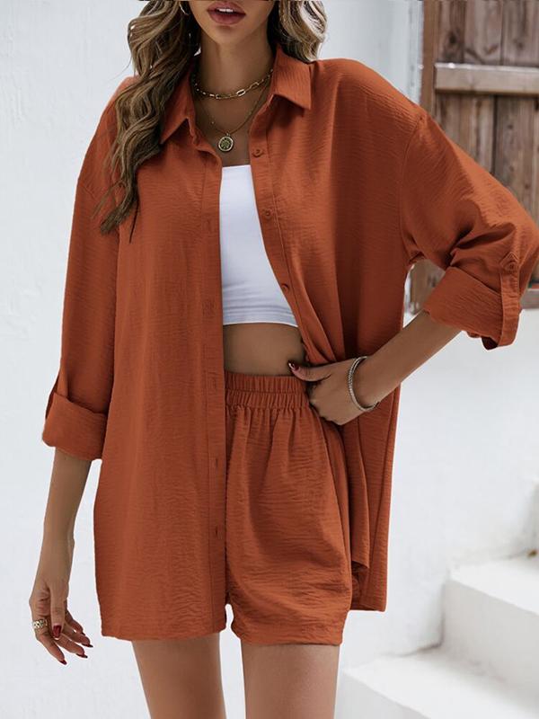Casual Long-Sleeve Lapel Shirt and High-Waist Shorts Set – Paola – Caramel