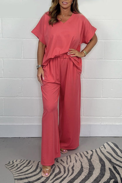 Casual Satin V-Neck Set – Bexley – Coral