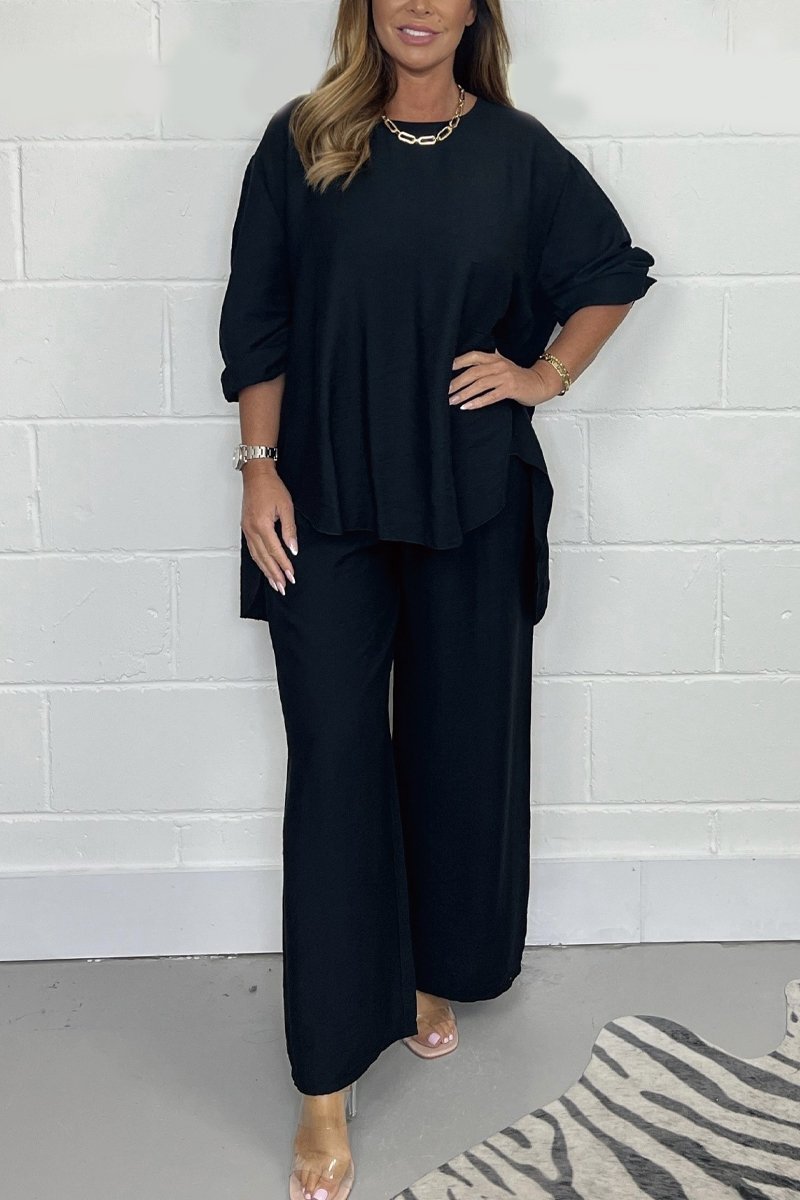 Casual Satin Crewneck Set – Hadley – Black