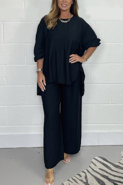 Casual Satin Crewneck Set – Hadley – Black