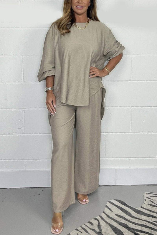 Casual Satin Crewneck Set – Hadley – Khaki
