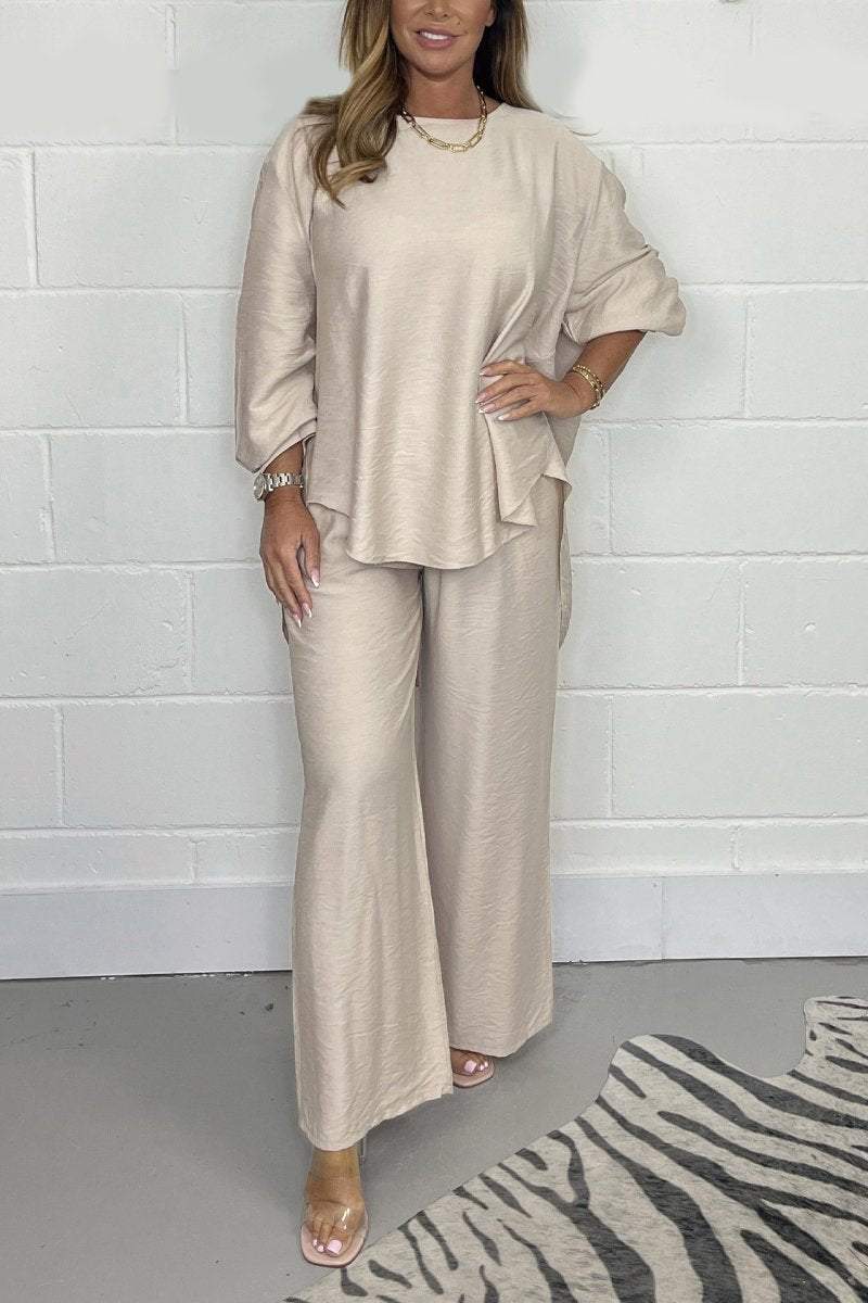 Casual Satin Crewneck Set – Hadley – Beige