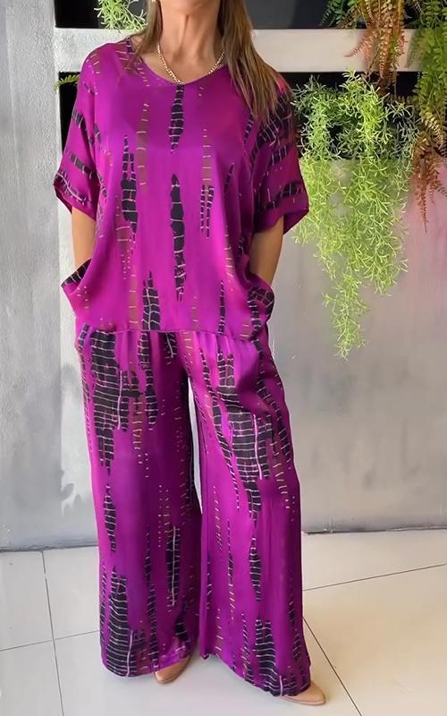 Casual Two-Piece Satin Crewneck Set – Isla – Purple