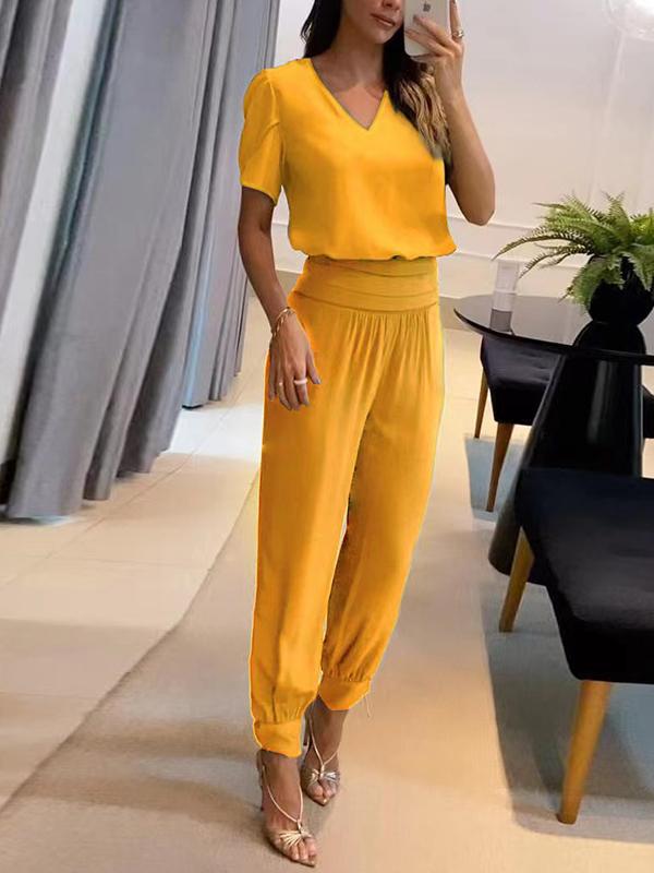 Casual Two-Piece Set with Printed Short-Sleeve V-Neck Top and Pants – Paris – Yellow
