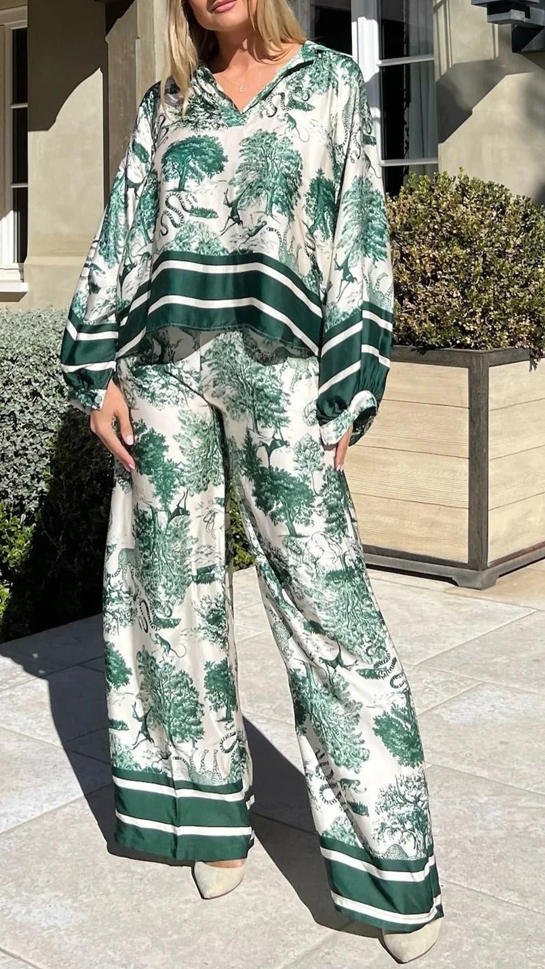 Casual Printed Long-Sleeve V-Neck Set – Hyacinth – Green