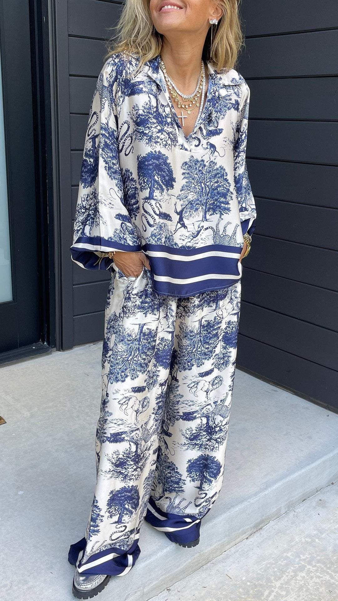Casual Printed Long-Sleeve V-Neck Set – Hyacinth – Blue