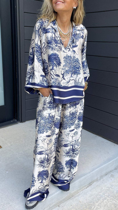 Casual Printed Long-Sleeve V-Neck Set – Hyacinth – Blue