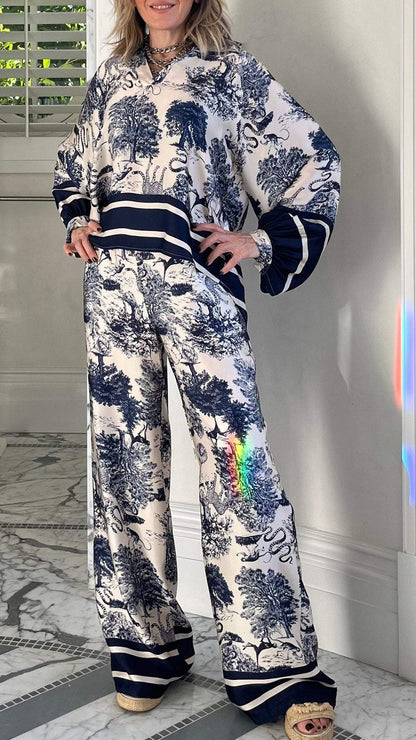 Casual Printed Long-Sleeve V-Neck Set – Hyacinth