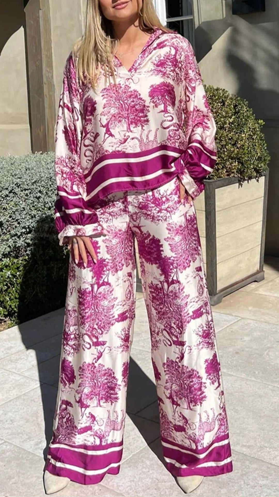 Casual Printed Long-Sleeve V-Neck Set – Hyacinth – Red