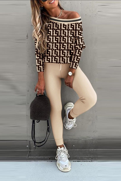 Long-Sleeve Top and Color-Block Pants Set – Sophie – Khaki