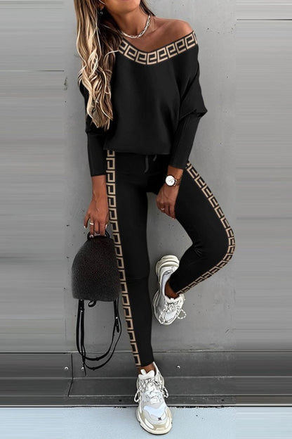 Long-Sleeve Top and Color-Block Pants Set – Sophie – Black