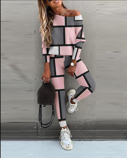 Casual Long-Sleeve Top and Color-Block Pants Set – Peyton – Pink