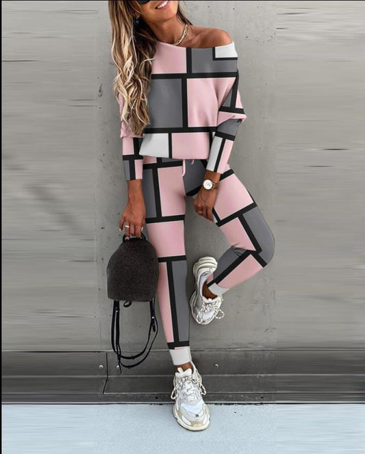 Casual Long-Sleeve Top and Color-Block Pants Set – Peyton – Pink