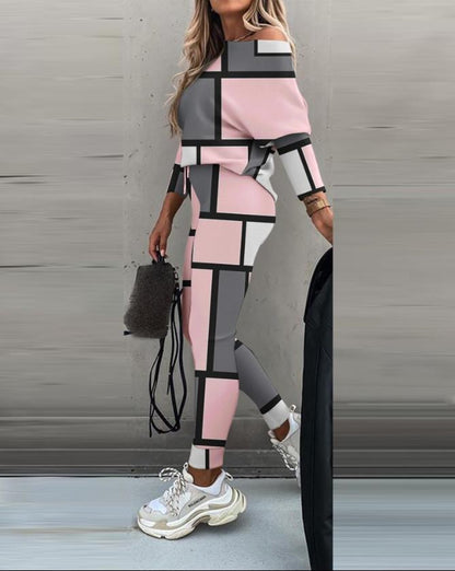 Casual Long-Sleeve Top and Color-Block Pants Set – Peyton