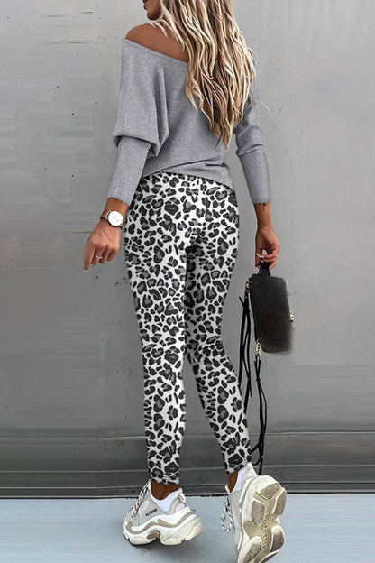 Casual Long-Sleeve Top and Leopard-Print Pants Set – Ondine