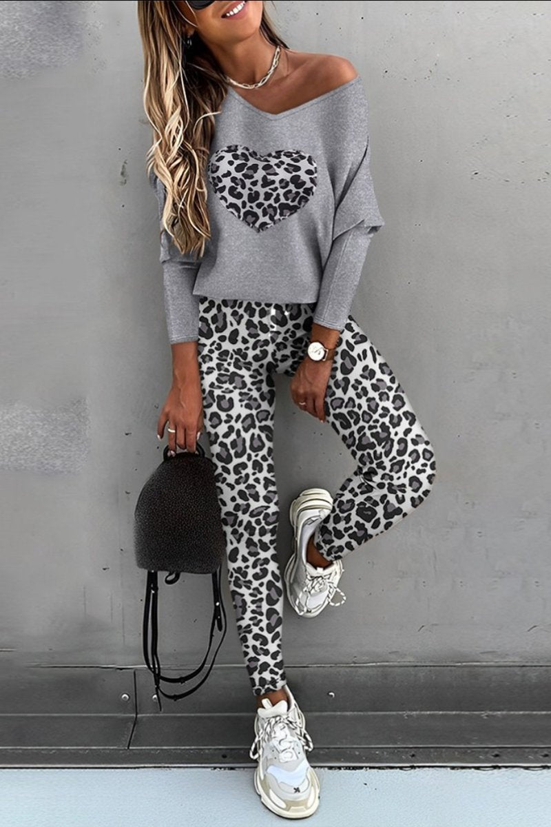 Casual Long-Sleeve Top and Leopard-Print Pants Set – Ondine – Gray