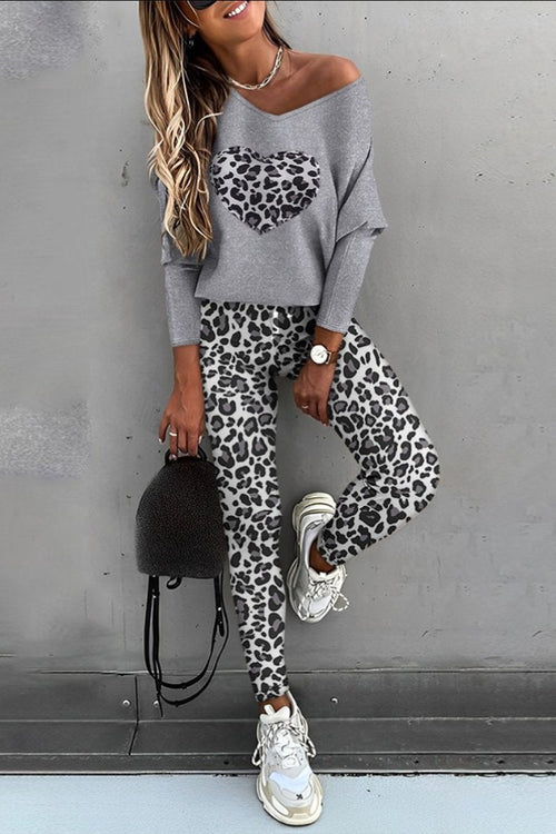 Casual Long-Sleeve Top and Leopard-Print Pants Set – Ondine – Gray