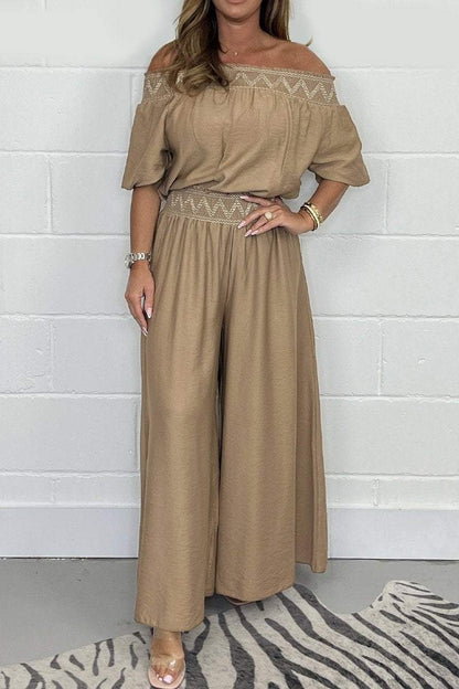 Fringe-Embroidered Top and Pants Set – Regina – Camel