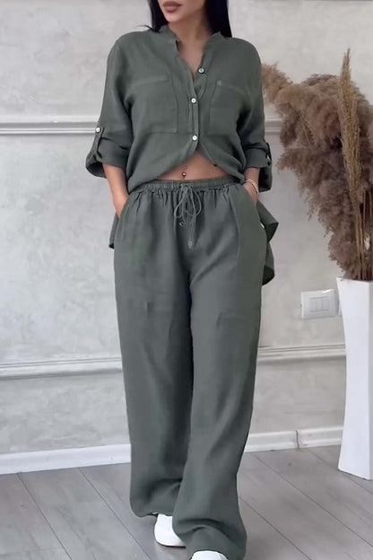 Casual Linen-Cotton Set – Ximena – Military Green