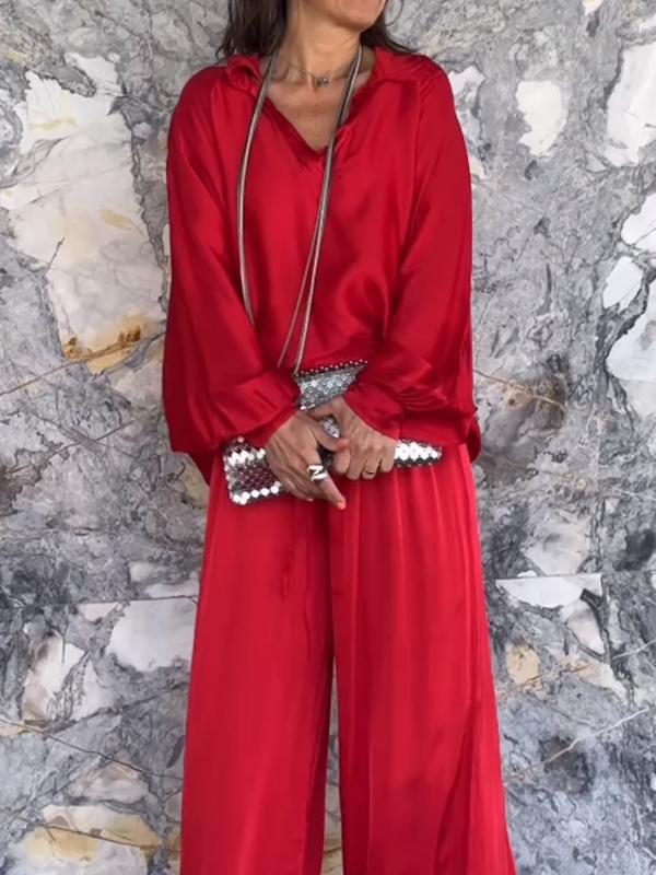 Satin V-Neck Top and Pants Set – Ivy – Red