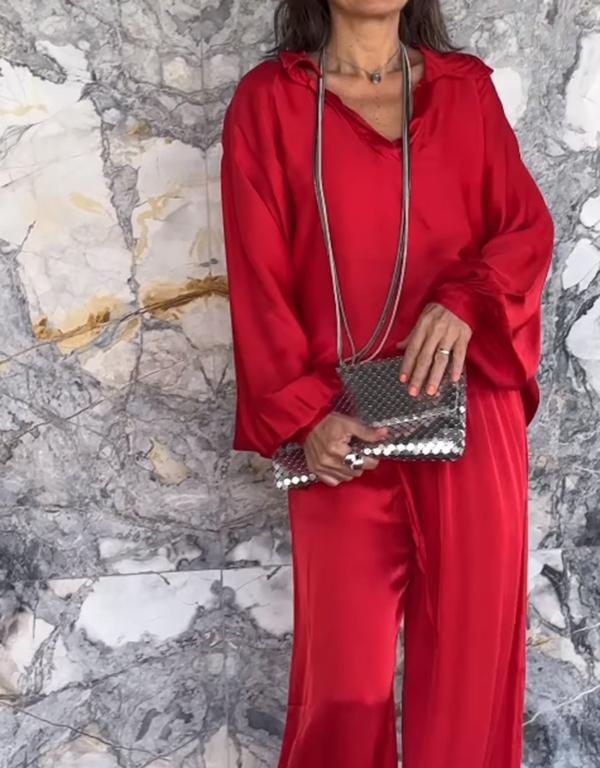 Satin V-Neck Top and Pants Set – Ivy – view 3