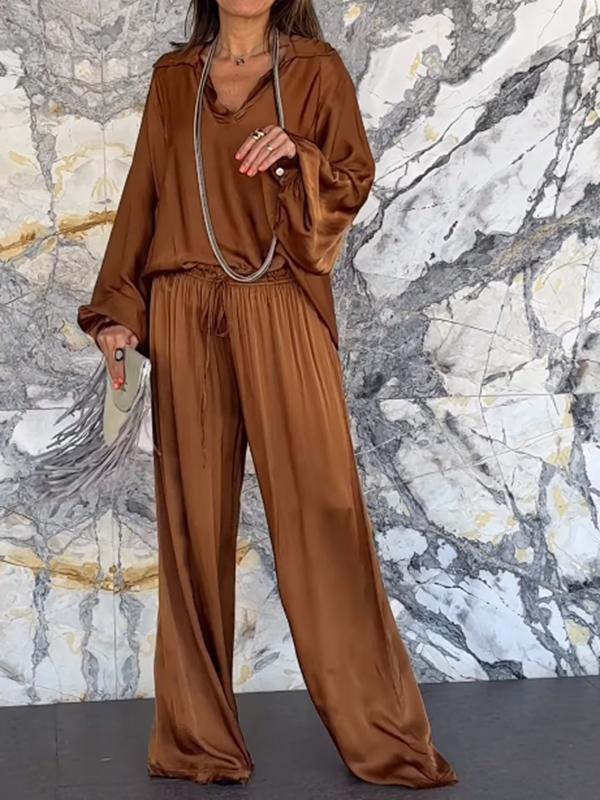 Satin V-Neck Top and Pants Set – Ivy – Brown