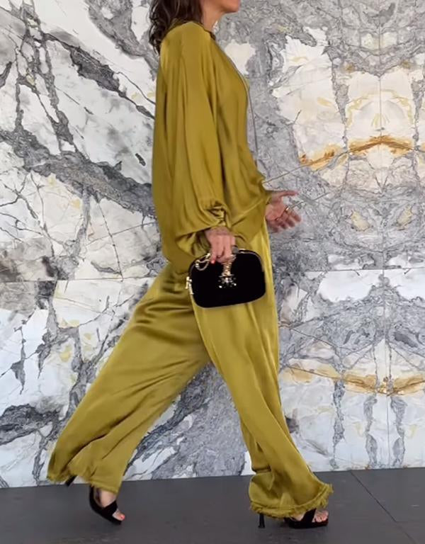 Satin V-Neck Top and Pants Set – Ivy