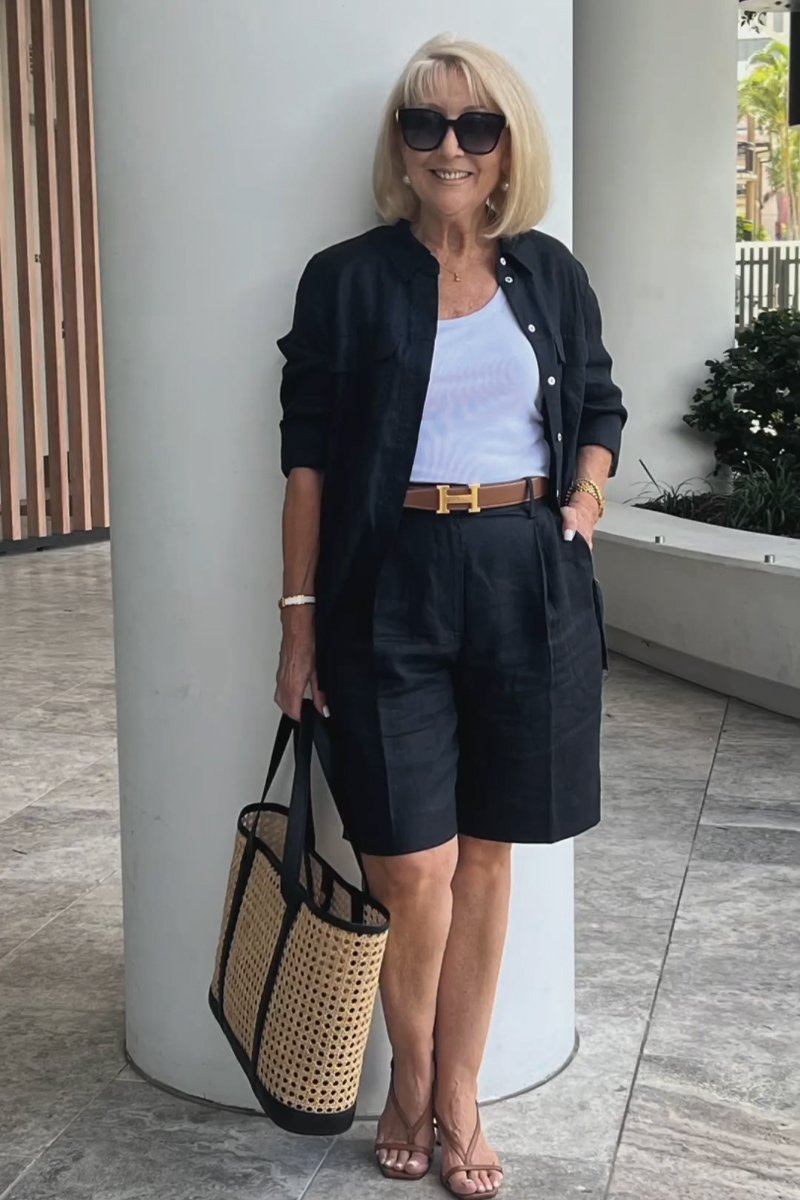 Linen-Cotton Shirt and Shorts Set – Verona – Black