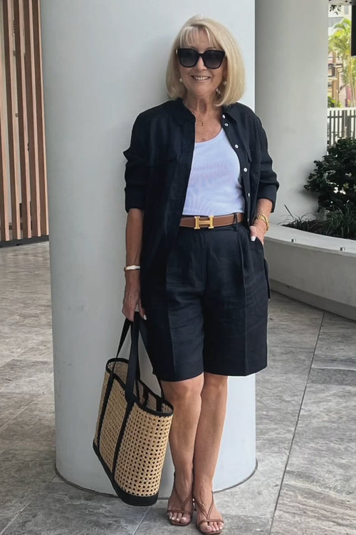 Linen-Cotton Shirt and Shorts Set – Verona – Black