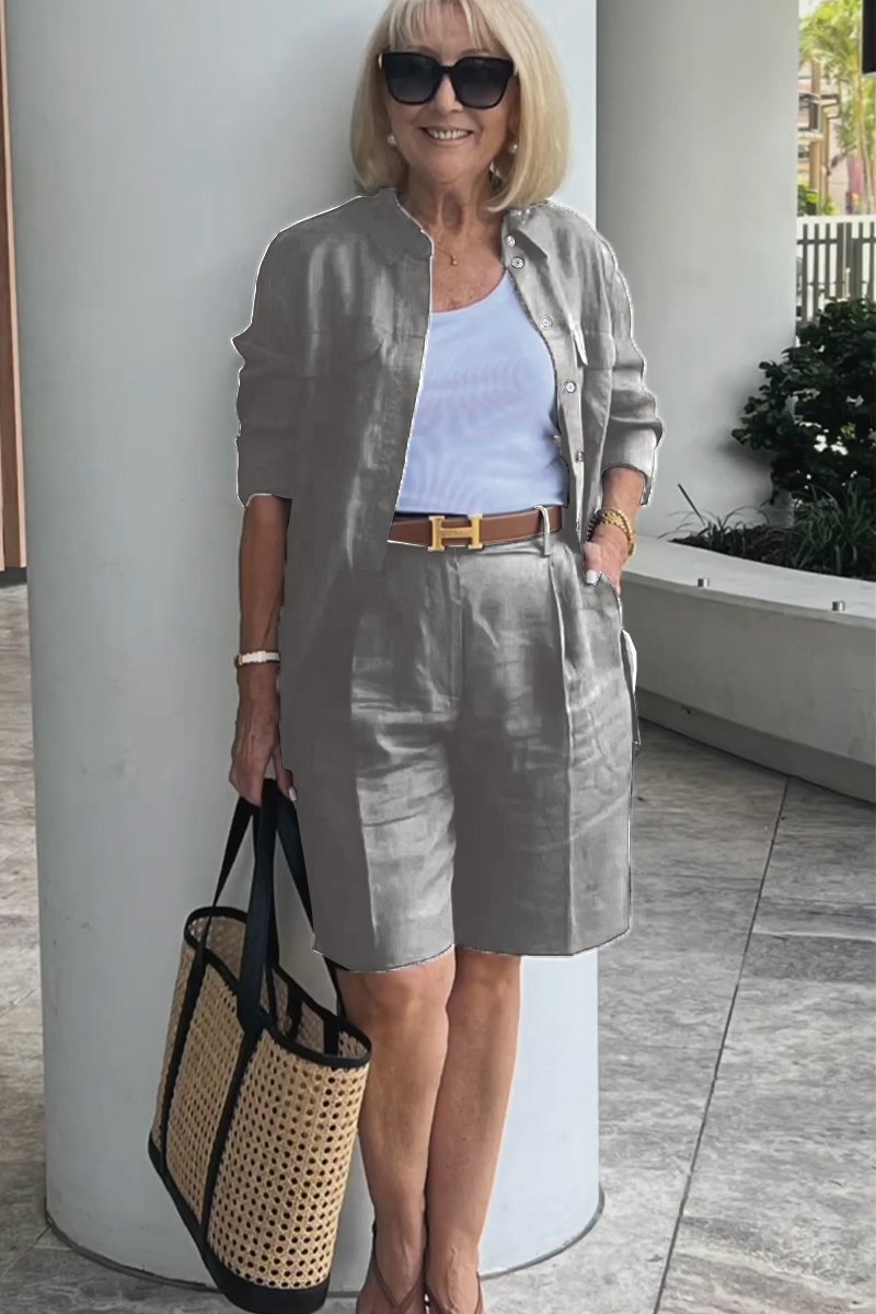Linen-Cotton Shirt and Shorts Set – Verona – Gray