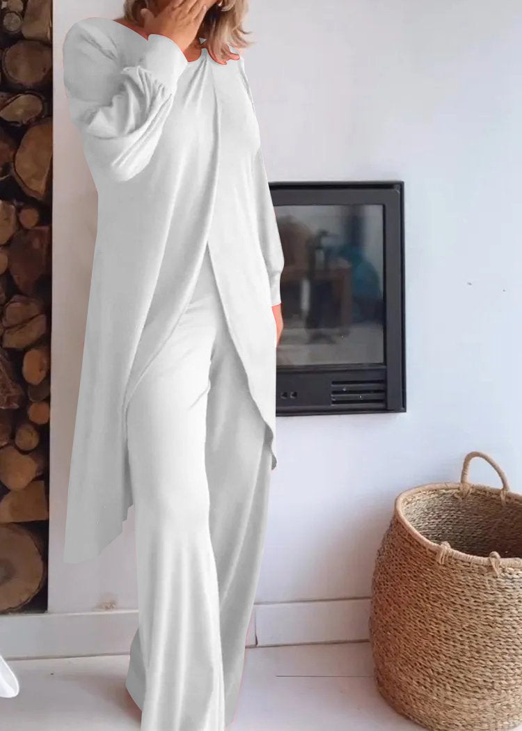 Long Crewneck Cardigan and Pants Set – Ruth – White