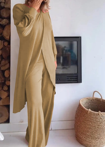 Long Crewneck Cardigan and Pants Set – Ruth – Khaki