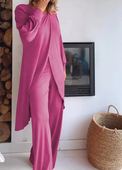 Long Crewneck Cardigan and Pants Set – Ruth – Rose Red