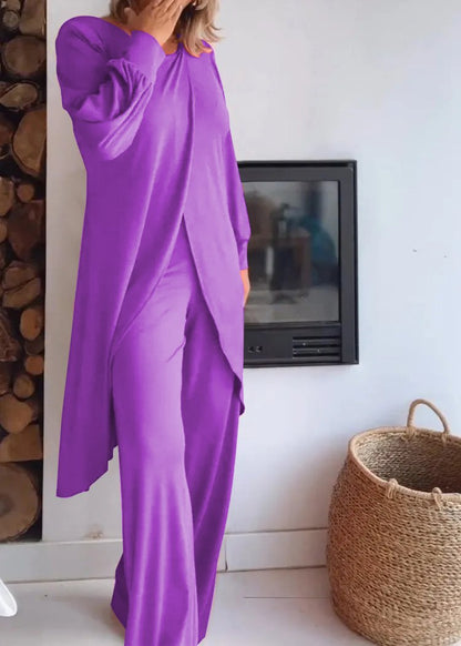 Long Crewneck Cardigan and Pants Set – Ruth – Purple