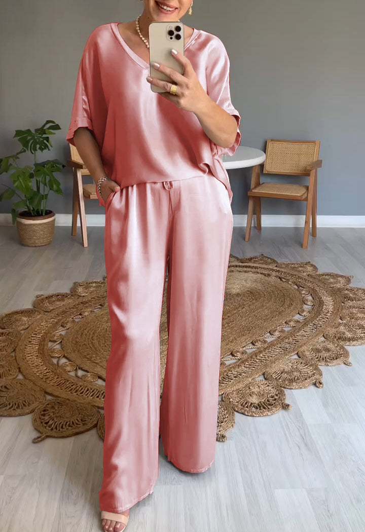 Two-Piece Satin V-Neck Set – Cressida – Pink