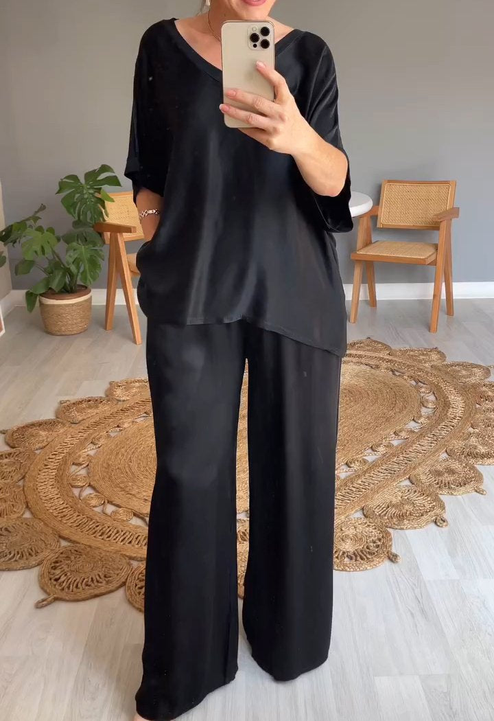 Two-Piece Satin V-Neck Set – Cressida – Black