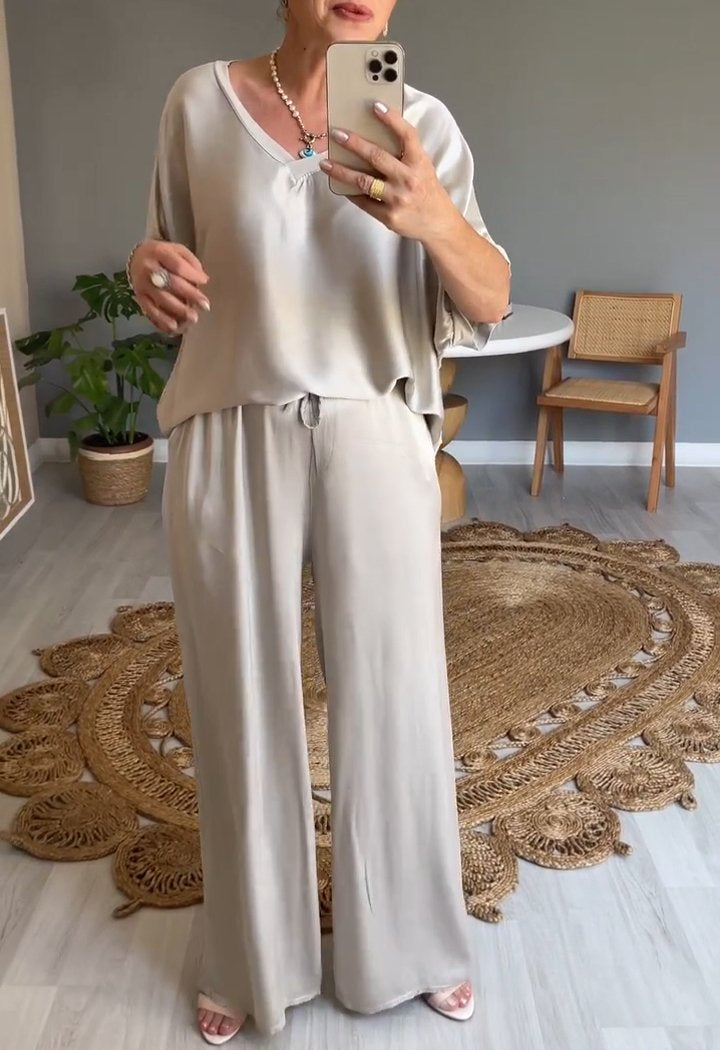 Two-Piece Satin V-Neck Set – Cressida – view 2