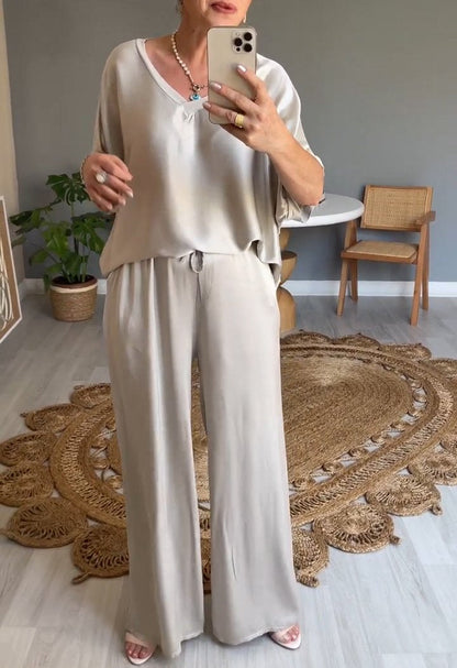 Two-Piece Satin V-Neck Set – Cressida – view 2