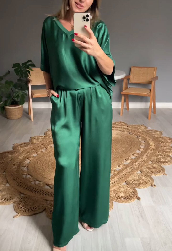 Two-Piece Satin V-Neck Set – Cressida – Green