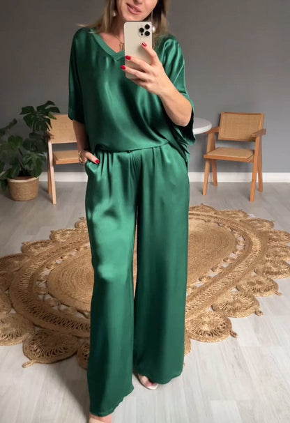 Two-Piece Satin V-Neck Set – Cressida – Green