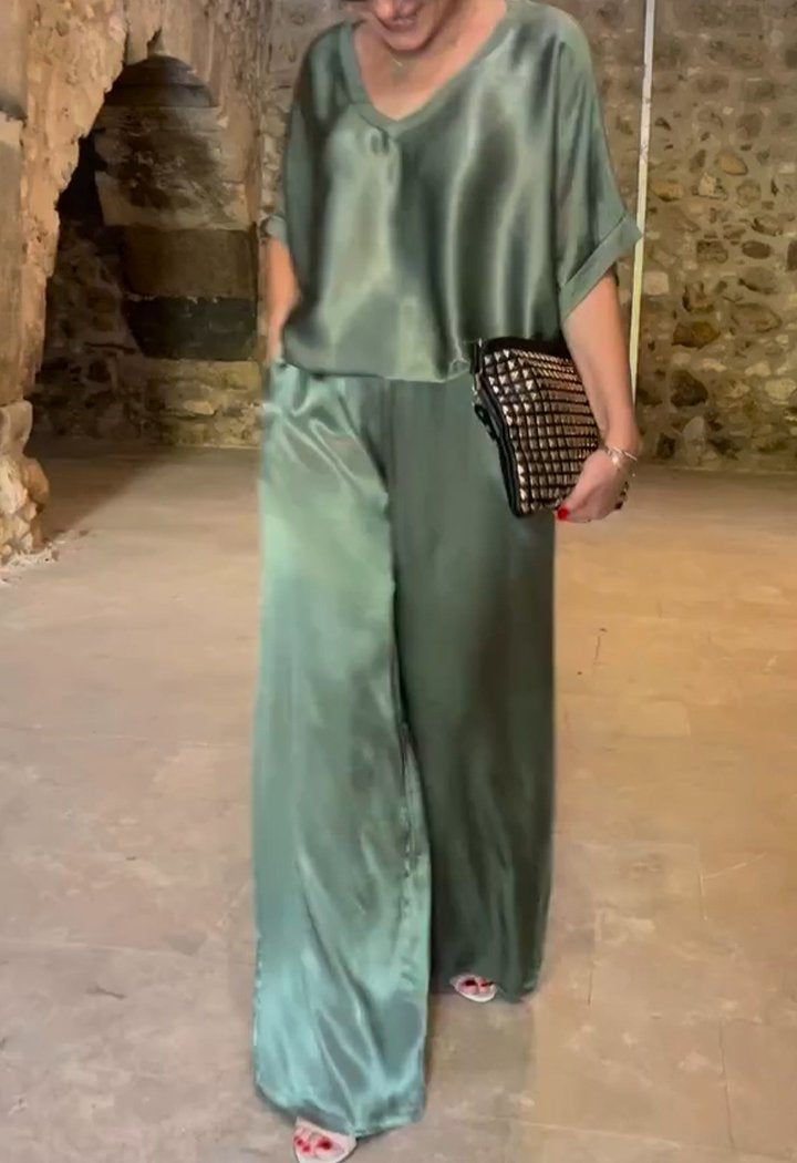 Two-Piece Satin V-Neck Set – Cressida – view 8