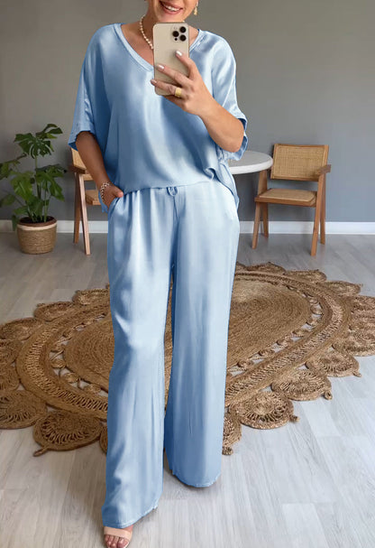 Two-Piece Satin V-Neck Set – Cressida – Light Blue