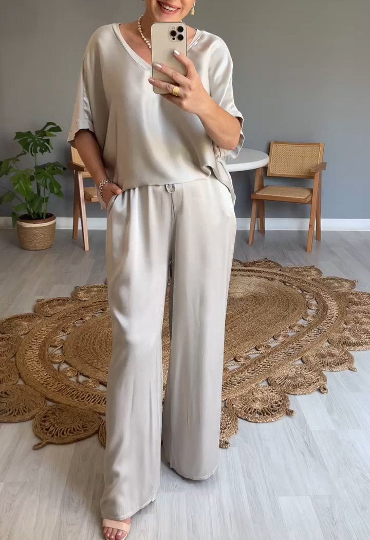 Two-Piece Satin V-Neck Set – Cressida – view 3