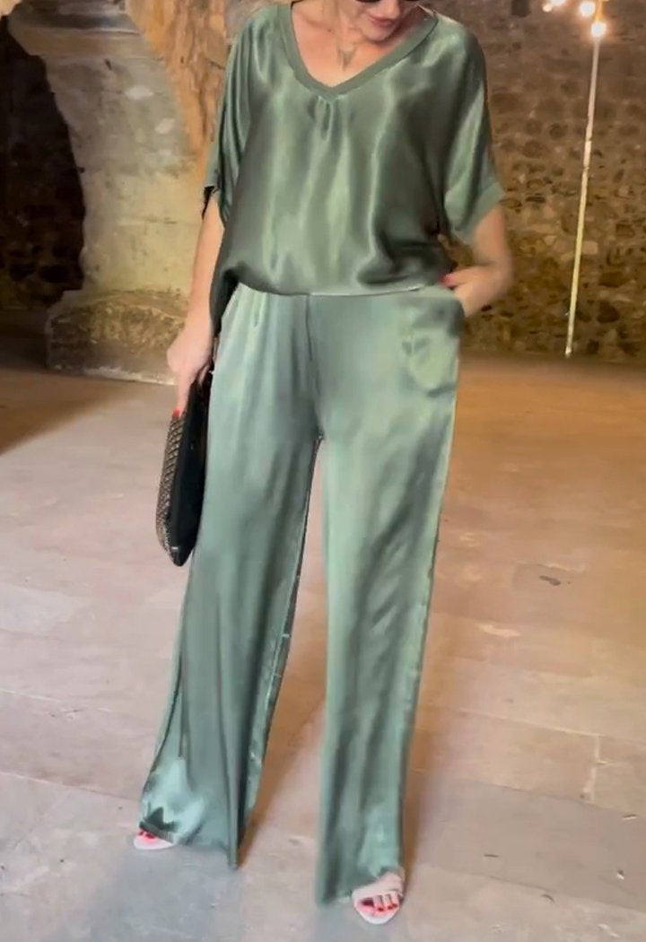Two-Piece Satin V-Neck Set – Cressida – view 7