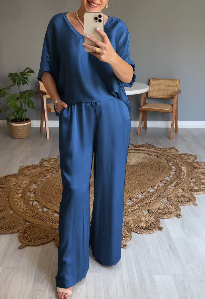 Two-Piece Satin V-Neck Set – Cressida – Navy