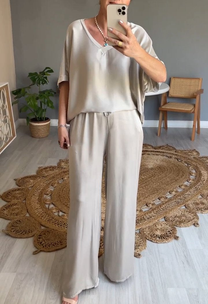 Two-Piece Satin V-Neck Set – Cressida